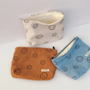 Smiley Face Corduroy Makeup Bag For Women Retro Simple Cosmetic Pouch With Zipper Closure Travel Storage Handheld Clutch