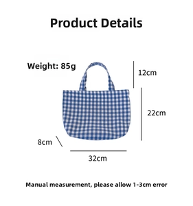 Detailed dimensions of blue checkered lunch bag showing size measurements and 85g weight