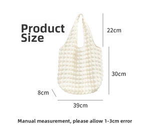 Size chart showing 39x30x8cm dimensions for the white cloud bubble shoulder tote bag