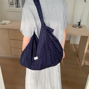 Large capacity navy blue polka dot canvas tote bag for stylish women's daily commute