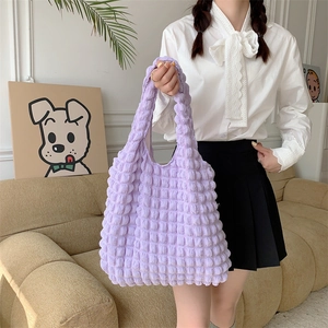 Purple bubble texture puff tote bag with quilted 3D fabric for casual daily use