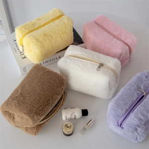 Plush Makeup Bag Faux Fur Cosmetic Pouch Macaron Color Travel Toiletry Storage Case Soft Rectangular For Women Girls