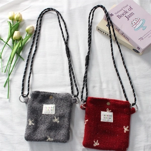 Cute plush flower crossbody bag with bow embroidery and woven shoulder strap