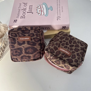 Suede leopard print square cosmetic pouch with zipper and leather tag for women
