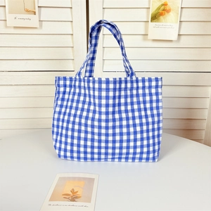 Detail shot of blue and white checkered canvas tote bag with thick durable fabric texture