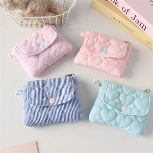 Quilted Heart Mini Coin Purse Small Polyester Zipper Wallet Striped Card Organizer Storage Bag For Girls