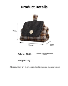 Detailed view of mini plaid fabric storage pouch with dimensions 12x7x6cm and snap button