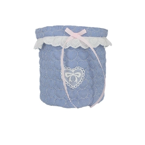 Blue striped heart-quilted lace storage basket with ribbon bow for desk organizing