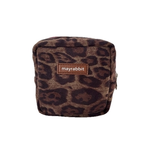 Compact leopard print faux suede square pouch with brand leather tag for cosmetics