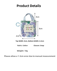 Pochette à écouteurs en coton floral avec bouton pression et dimensions détaillées