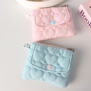 Quilted heart coin purse in pink and light blue with zipper and snap button closure