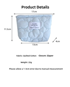 Quilted cotton cosmetic bag dimensions showing 17cm width and 11.5cm height specs