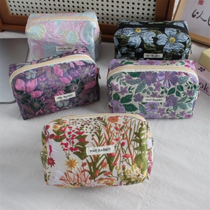 Macro detail of high-capacity jacquard pouches showing floral textures and zip closures