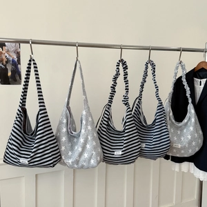 Striped Star Pattern Shoulder Tote Bag Large Capacity Polyester Scrunched Pleated Strap Casual Commuter Hobo Handbag Women