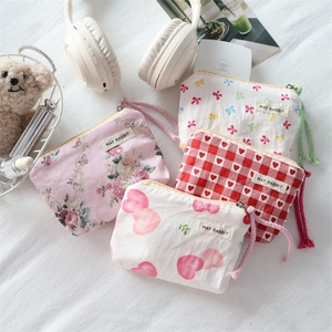 Mini Coin Purse Cotton Canvas Zipper Pouch Small Earphone Organizer With Lanyard Sweet Floral Heart Bowknot Pattern Women