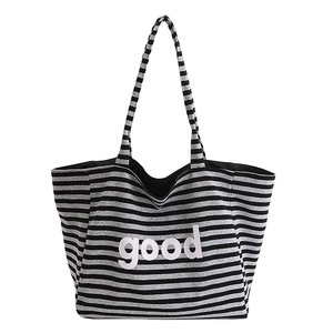 Striped tote bag with good letter print, spacious canvas shoulder bag for daily use