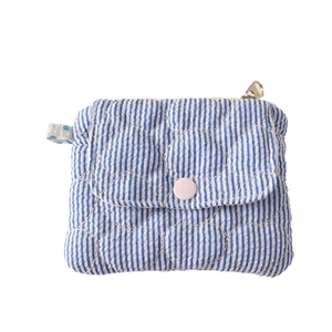 Quilted heart pattern mini coin purse with blue and white stripes and pink snap button