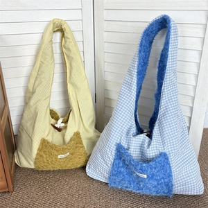 Winter reversible plaid shoulder bag with plush pocket and wooden horn button