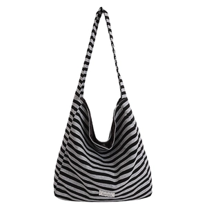 Large capacity black and gray striped hobo shoulder bag with adjustable strap and decor label