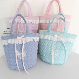 Sweet Heart Quilted Handbag Lace Border Ribbon Bow Kawaii Fabric Tote Bucket Bag For Women Daily Outing