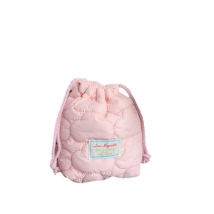 Quilted soft pink drawstring camera pouch with wave texture and small square label