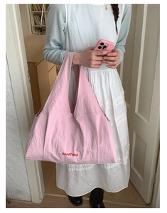 Fashionable pink plaid tote bag with GoodThing letter print for daily commute