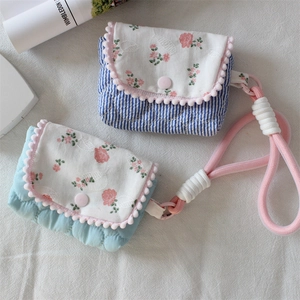Floral quilted camera case and small pouch with blue stripes and pink strap