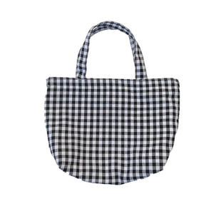 Minimalist black and white gingham checkered lunch tote bag with portable canvas handles