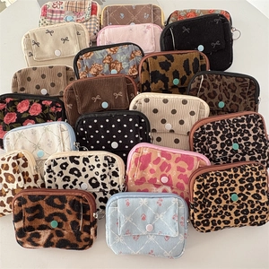 Mini Corduroy Coin Purse Printed Leopard Floral Pattern Portable Storage Bag With Zipper Flap For Women Lipstick Key