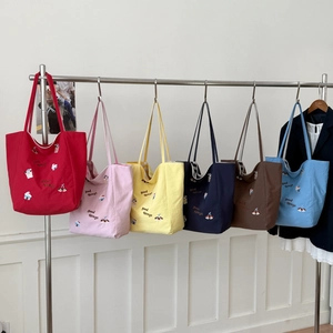 Sac Fourre-tout En Toile Grande Capacité Femmes Broderie Chien Sac Bandoulière Style Coréen Avec Charme Tressé