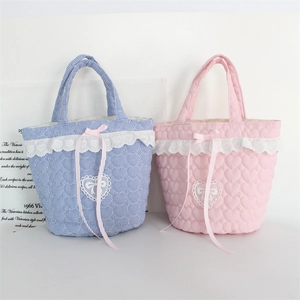 Quilted heart bucket bags with lace trim and bow in blue stripes and pastel pink