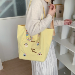 Sac fourre-tout en toile minimaliste avec broderie de dessin animé et lettrage