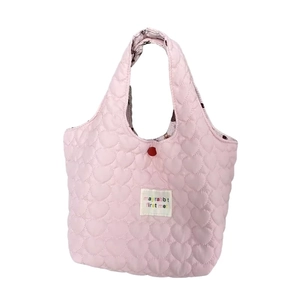 Pink heart-quilted tote bag with 'mayrabbit' logo tag and button closure on white background