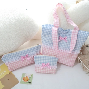 Three-piece gingham tote bag set with lace trim and pink bows on a soft background
