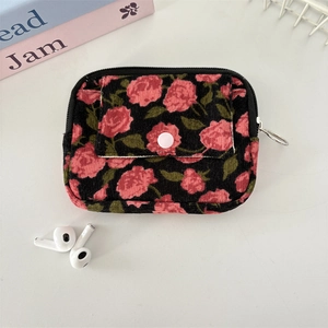 Detail of floral corduroy coin purse featuring pink rose print and metal ring zipper