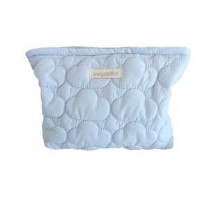 Light blue quilted cloud cosmetic bag with large capacity and woven brand label