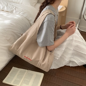 Fashionable checkered tote bag in brown and white with red GoodThing embroidery