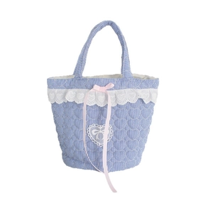Striped quilted tote bag with heart lace trim and pink ribbon bow in sweet style