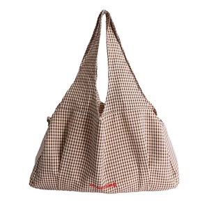 Brown gingham tote bag with red GoodThing embroidery on white background