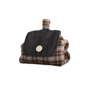Mini plaid coin purse and headphone bag with denim flap and white button closure