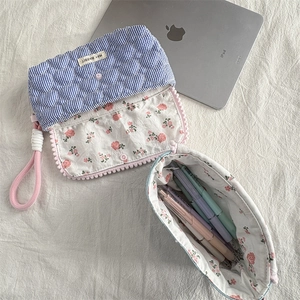 Korean style floral quilted pencil case with blue stripes and pink strap handle