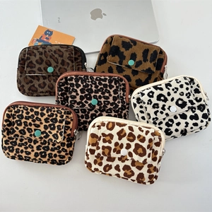Corduroy leopard print mini purses with button flap and zipper closure for women