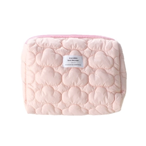 Pink quilted cloud makeup bag with zipper closure and large capacity storage for travel