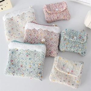 Coin Purse Tweed Chanel Style Mini Pouch Lace Decor With Faux Artificial Pearl Zipper For Women Elegant Square Card Holder