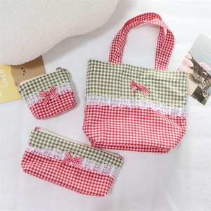 Red and green plaid handbag set with lace trim and sweet bows in three versatile styles