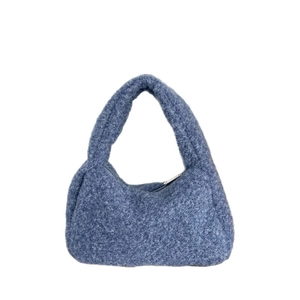 Blue faux shearling large capacity handbag with plush texture and top metal zipper
