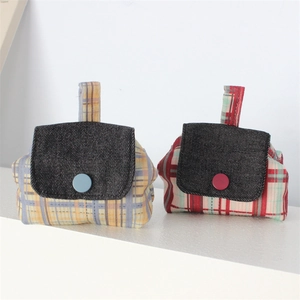Cute plaid canvas mini bag with denim flap and button closure for earphones and coins