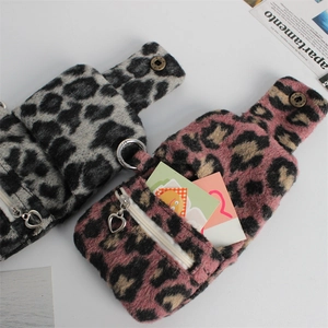 Mini plush leopard print coin purses with heart zipper and snap button closure