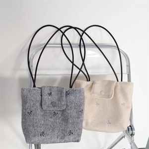 Women Woolen Shoulder Bag With Bow Embroidery Sweet Korean Style Snap Button Flap Handbag For Daily Casual Outfits