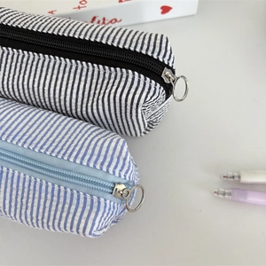Large capacity seersucker pencil case with minimalist stripes and round ring zipper